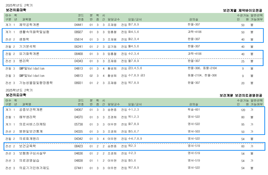 2025학년도 2학기 식품영양학과 4학년 전공과목 수강신청 안내 4