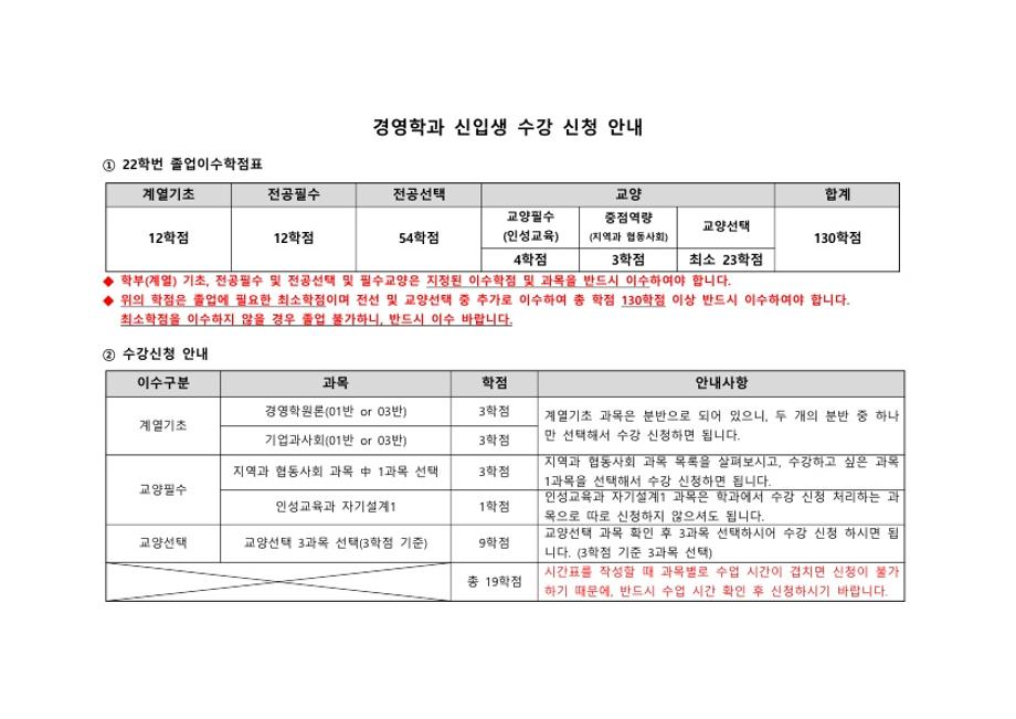 경영학과 신입생 수강신청 안내 2