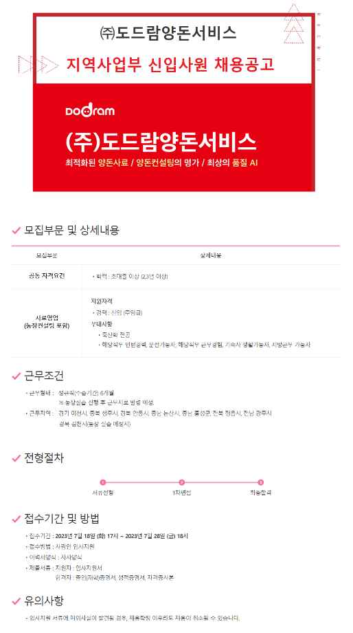 [도드람양돈서비스] 2023년 지역사업부 신입직원 채용공고 안내 1
